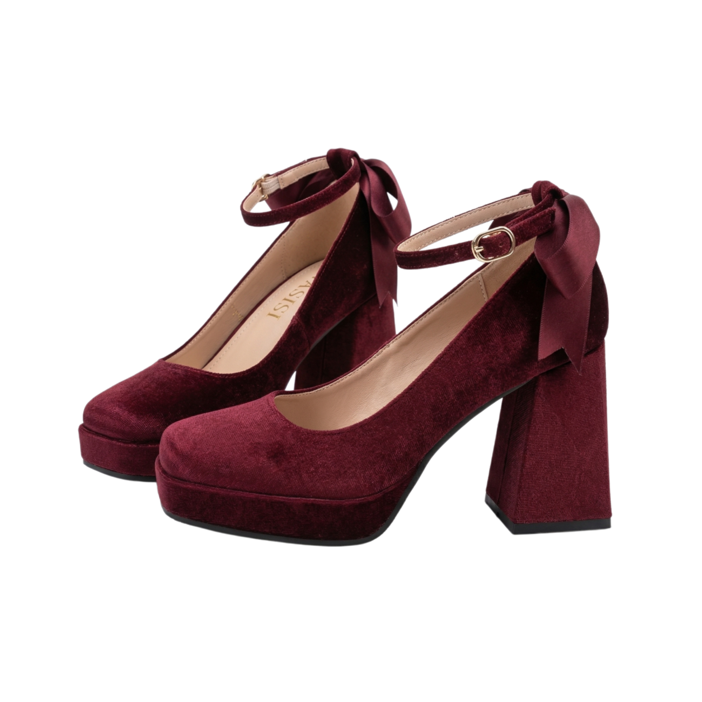 Wine Red Satin Platform Pumps with Back Bow