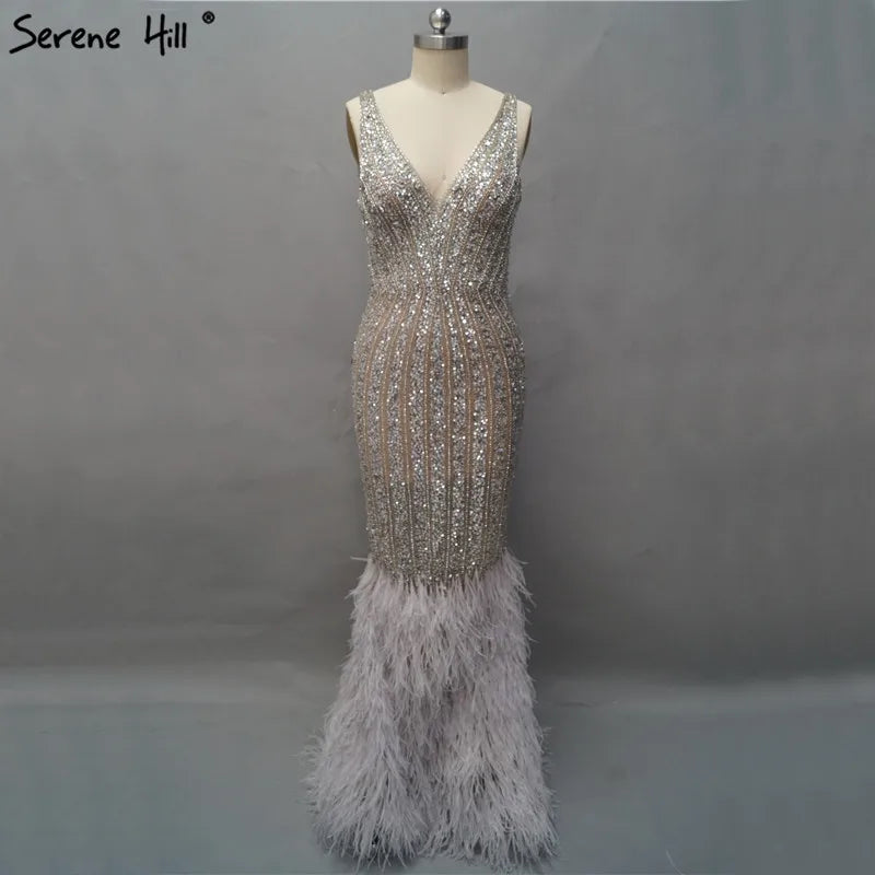 Luxury Silver Feather Mermaid V-Neck Evening Dress LA60749
