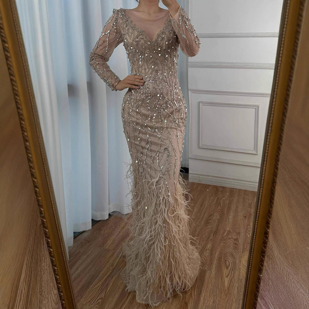 Luxury Muslim Nude Meramid Evening Dresses Gowns Beaded Feathers Elegant LA71093