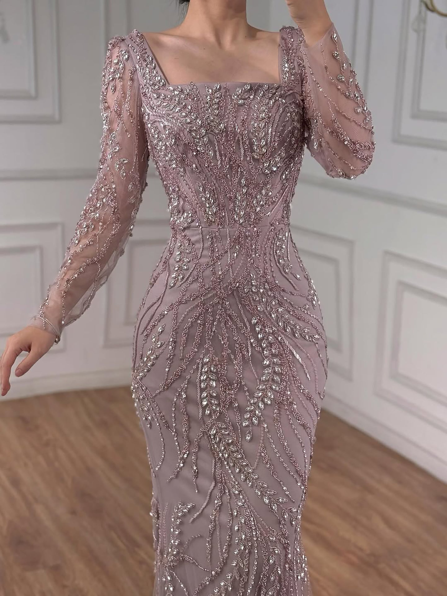 Saudi Arabic Luxury Sage Green Beaded Long Sleeves Mermaid Evening Dress LA72413B