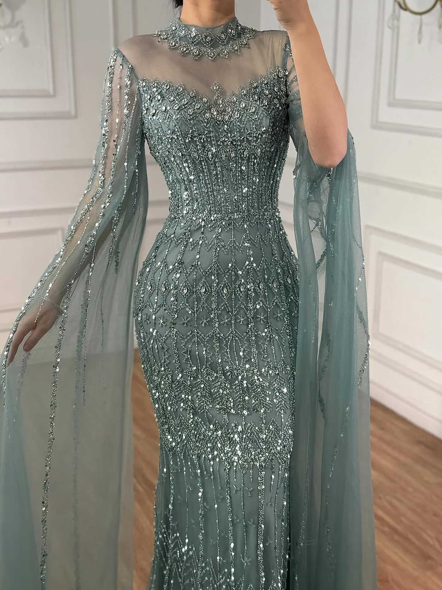Luxury Arabic Blue Beaded Mermaid Evening Dress with Long Cape Sleeves LA72714AA