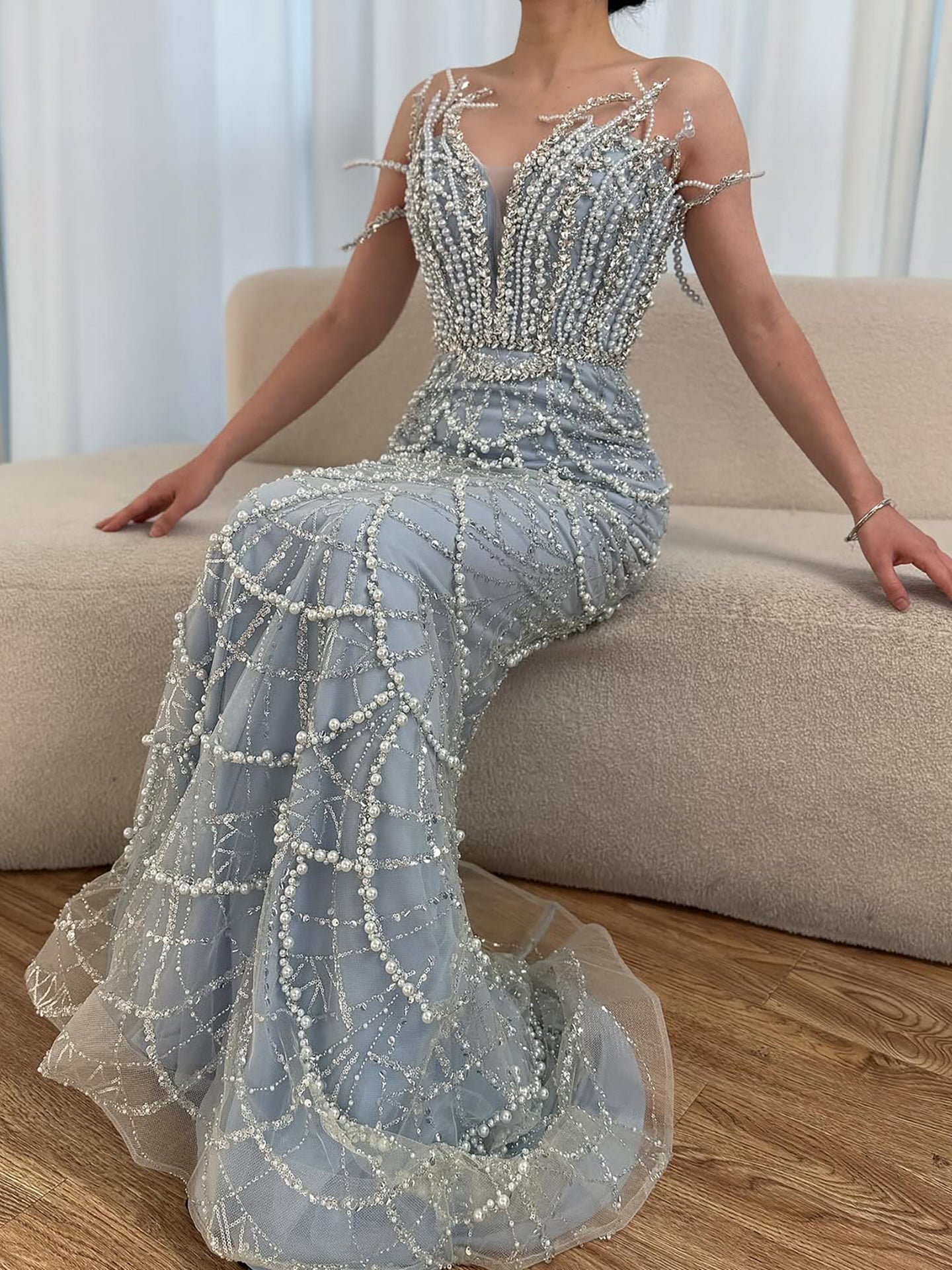 Luxury Nude Saudi Pearls Mermaid Evening Dresses Gowns for Formal Occasion LA72816