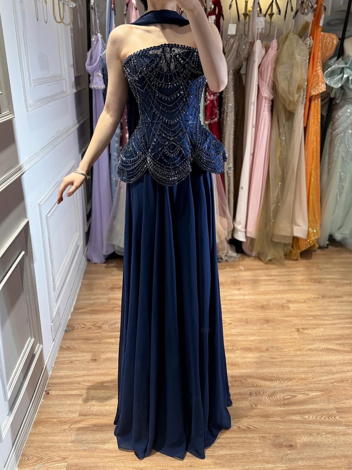 Luxury Designer Nude Beaded Chiffon Evening Dress Wedding LA72915