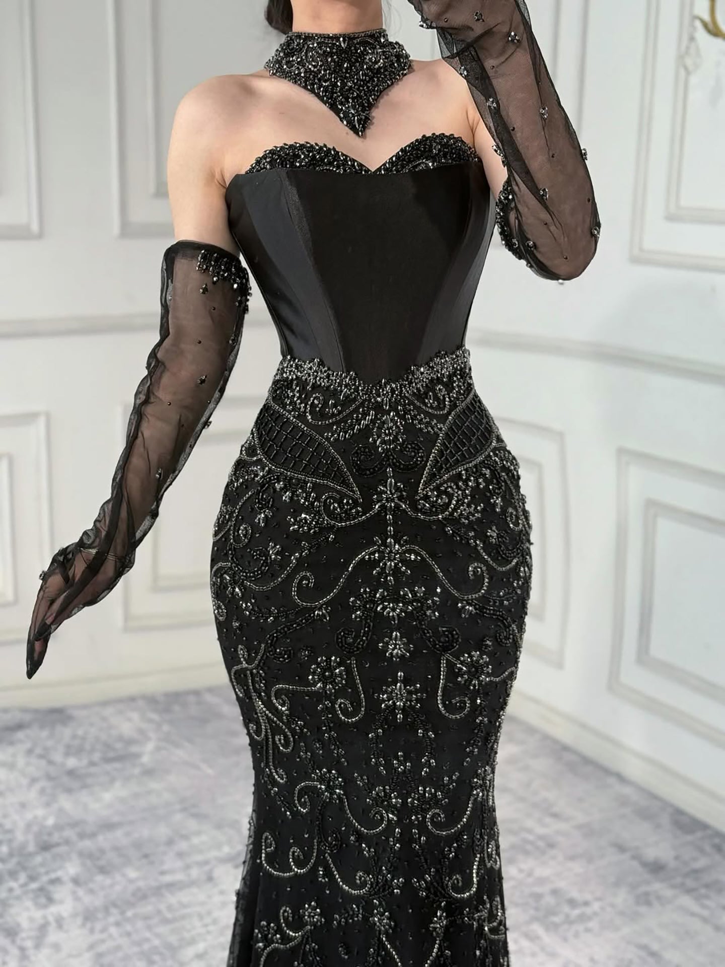 Luxury Beaded Evening Dress Sheer Long Gloves LA72929
