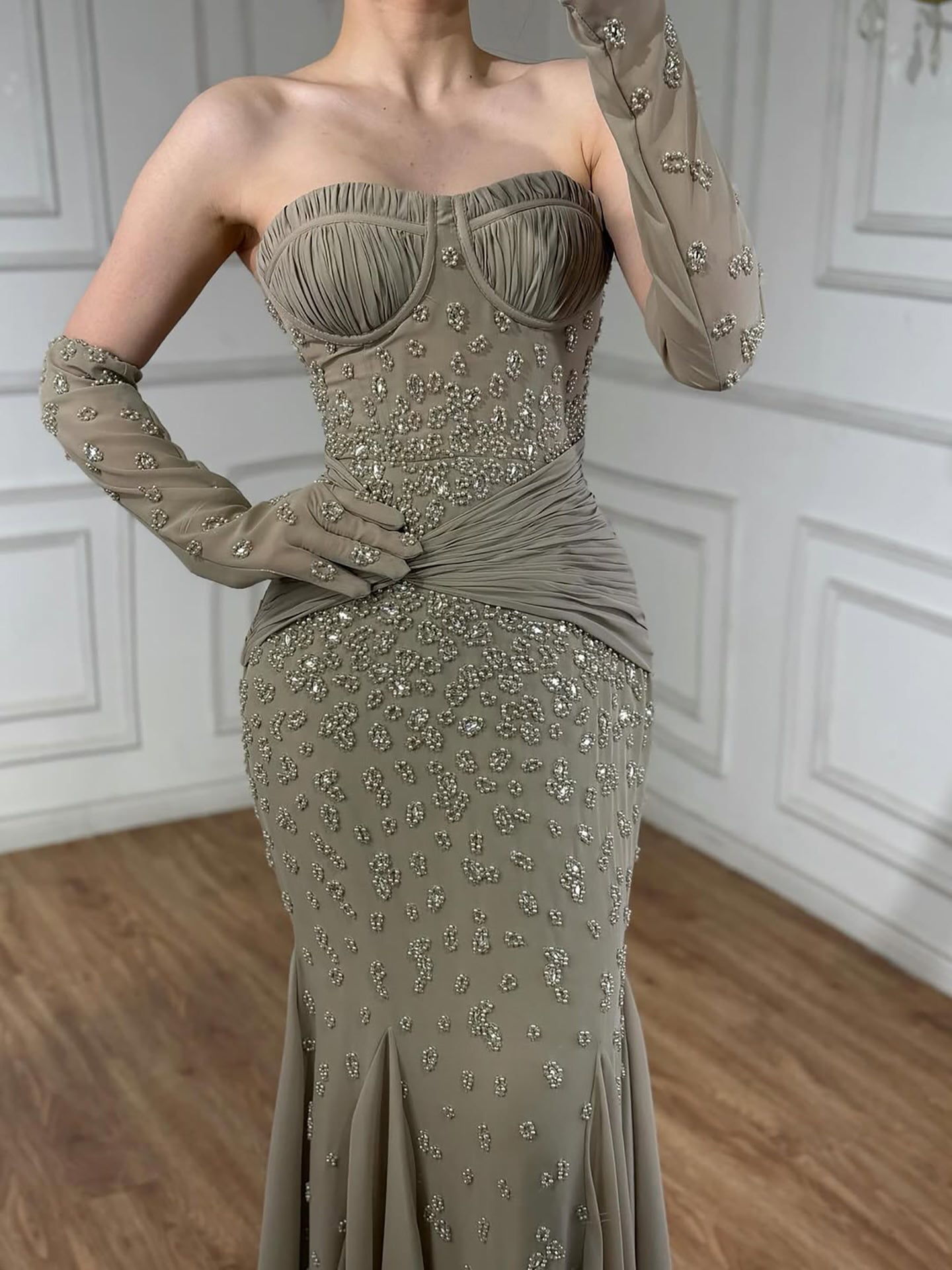 Luxury Turquoise Beaded Mermaid Evening Dress with Gloves LA72933