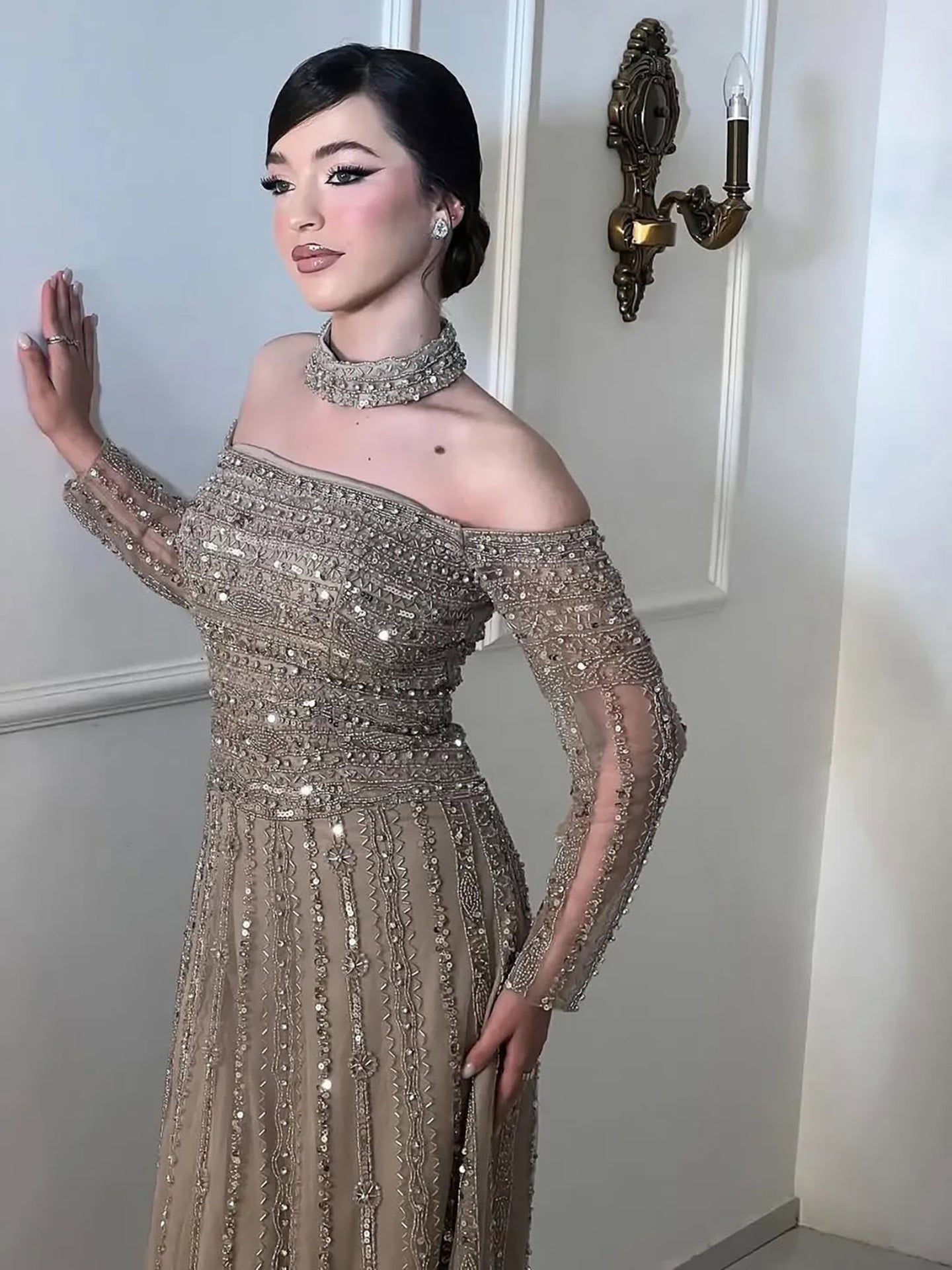 Caramel Off Shoulder Beaded Mermaid Evening Dress Long Sleeves LA73053