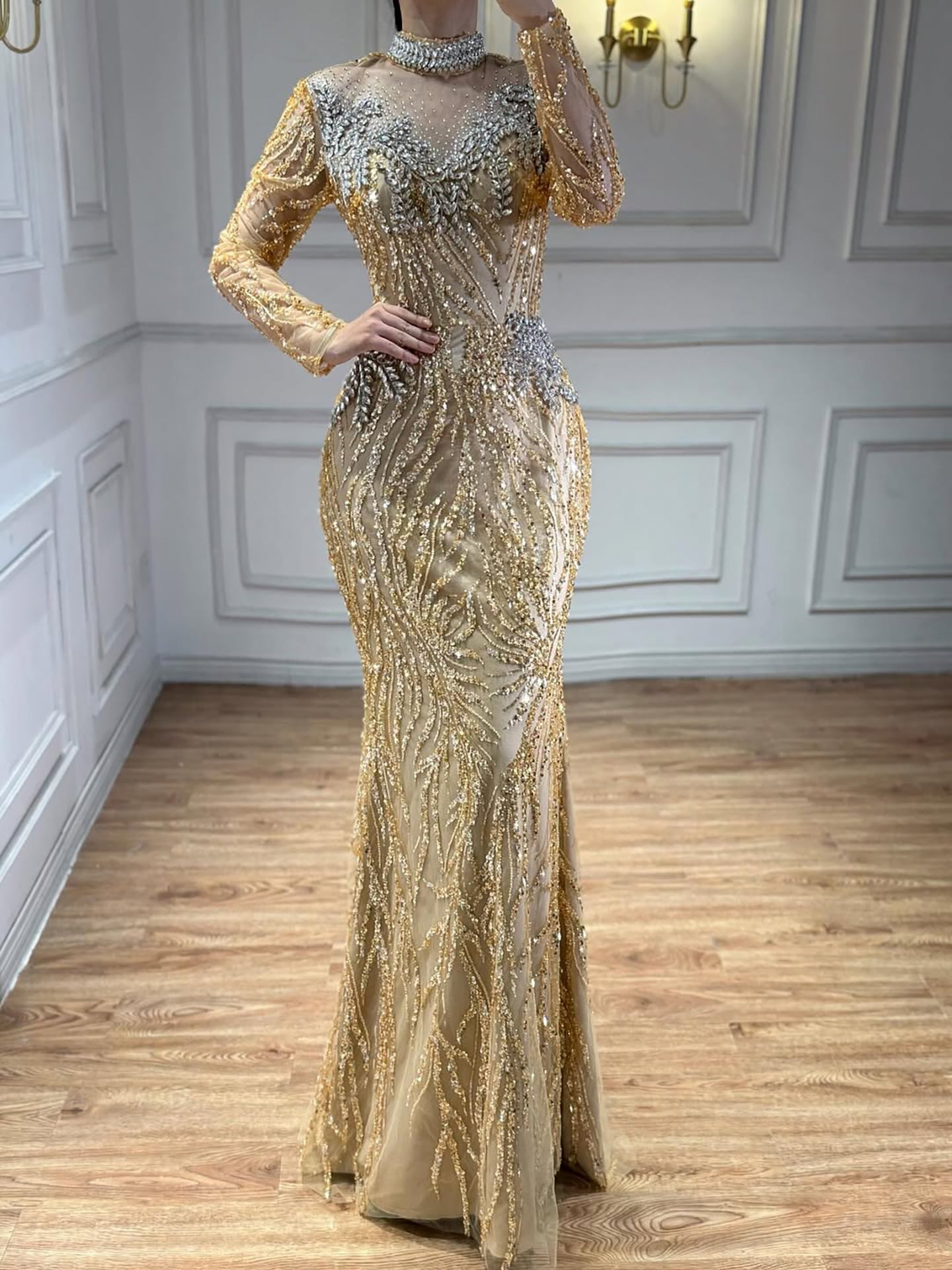 Luxury Silver Nude Beaded Mermaid Evening Dress LA73083