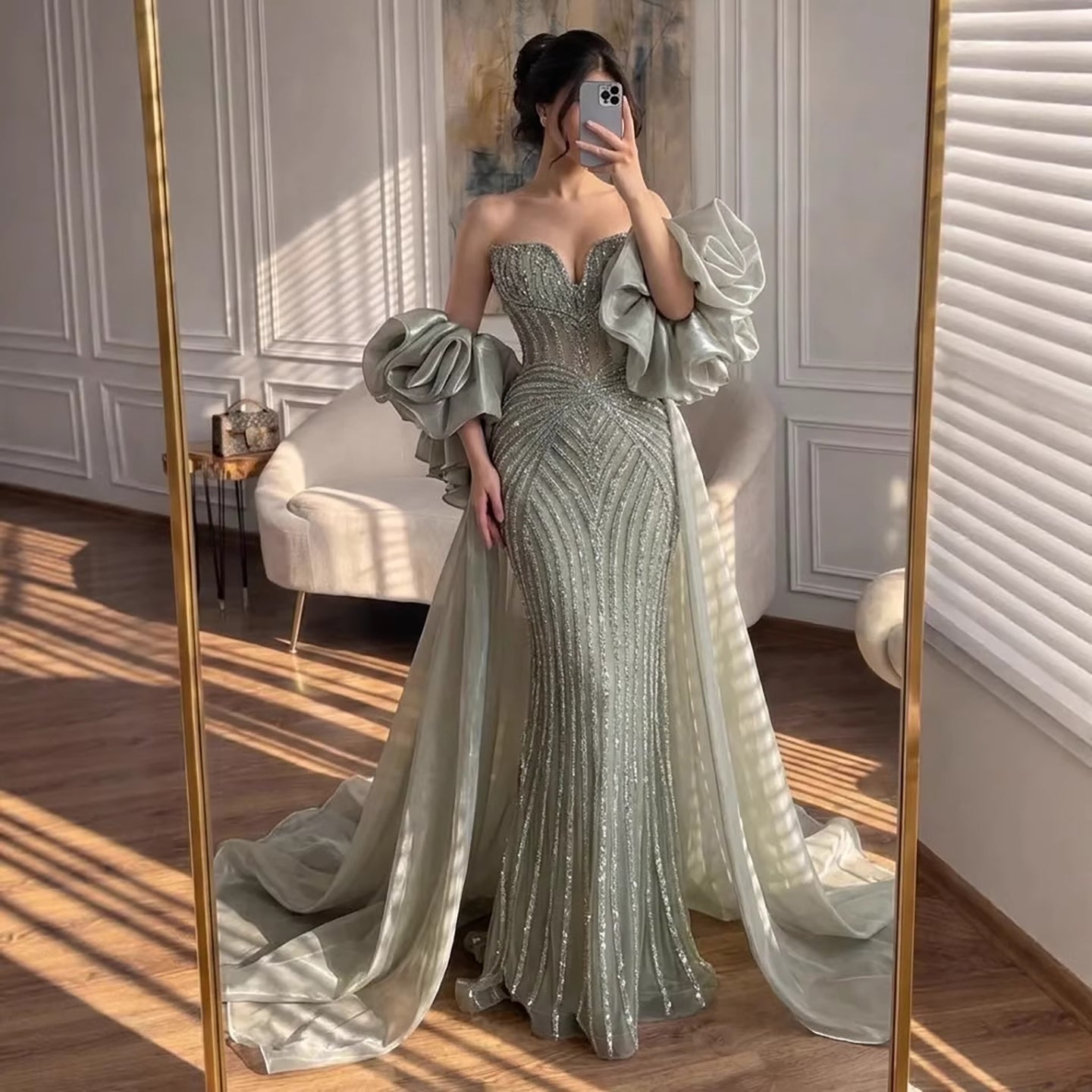 Luxury Light Blue Diamond Evening Dress With Ruffle Cape LA73141