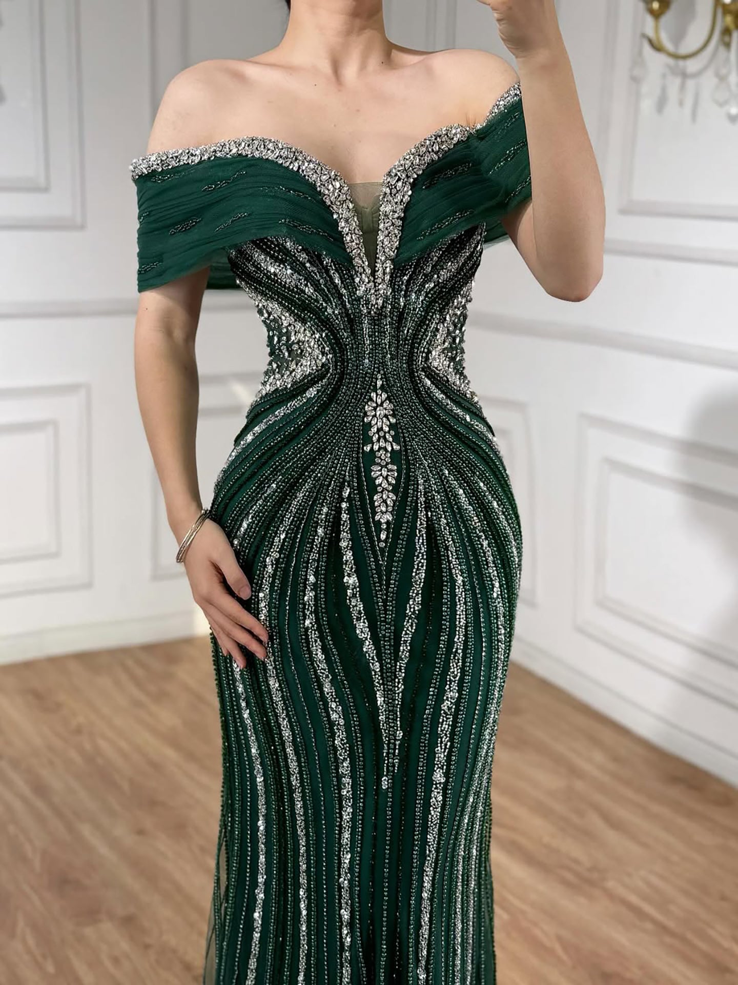Luxury Saudi Arabic Gold Luxury Crystal Beaded Mermaid Evening Dress LA73142A