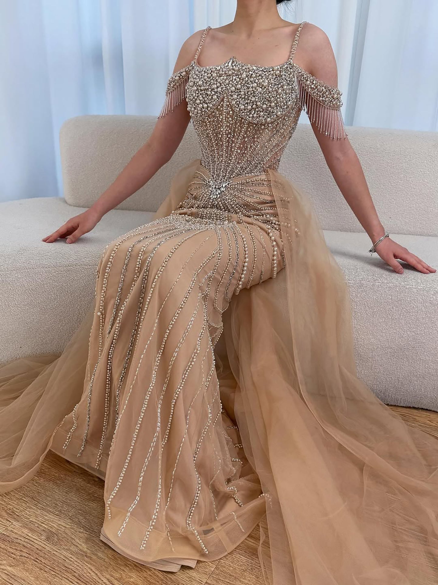 Luxury Nude Pearls Beaded Mermaid Evening Dress Off Shoulder With Skirt LA73148B
