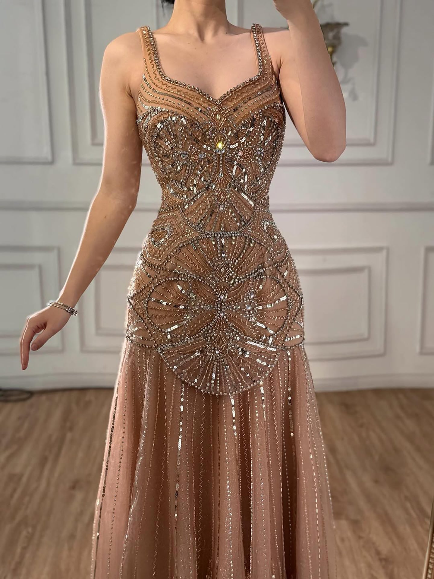 Luxury Nude Spaghetti Strap Beaded A line Evening Dress LA73189