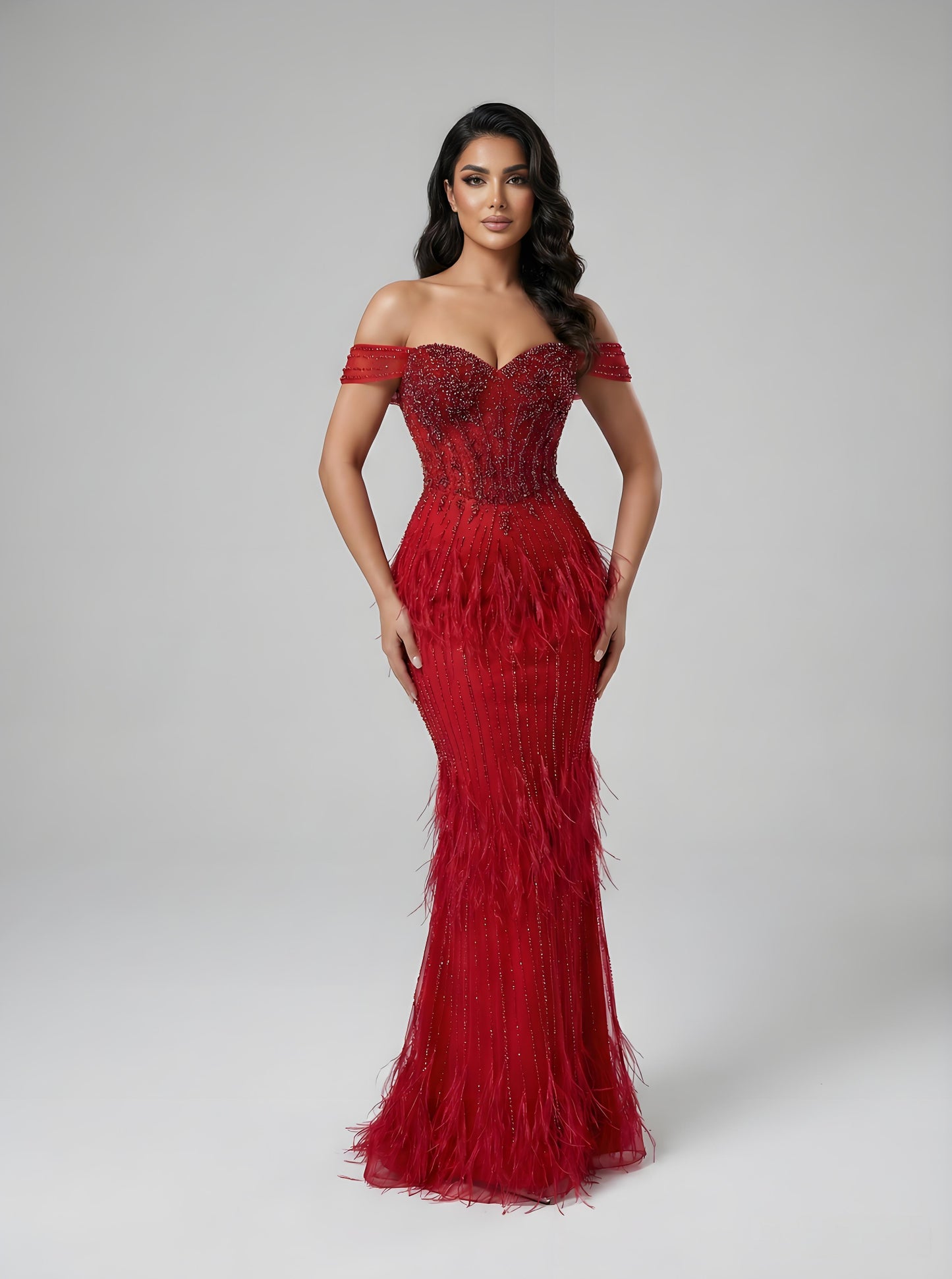 Luxury Caramel Off Shoulder Beaded Feather Mermaid Evening Dress LA73193A