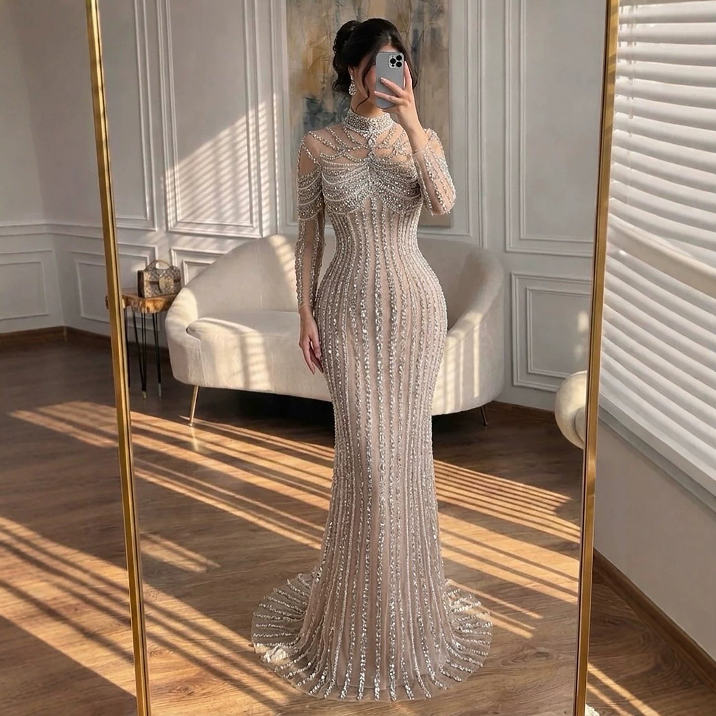 Luxury Nude Crystal Beaded Mermaid Evening Dress LA73391