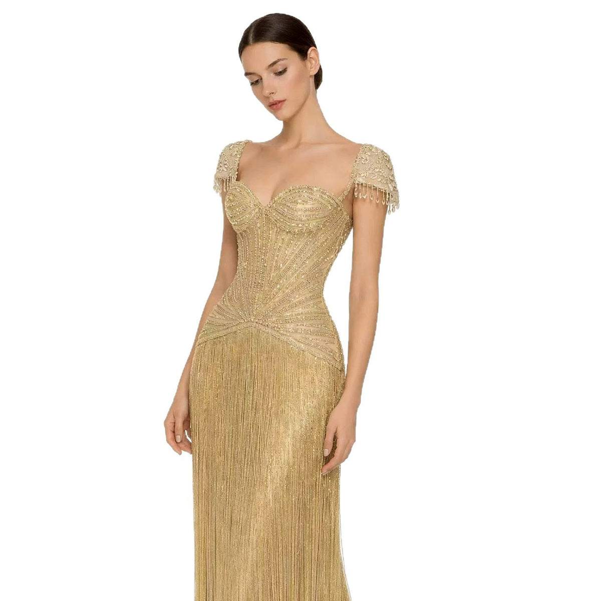 Luxury Gold Beaded Tassel Cap Sleeve Evening Dress LA73446A