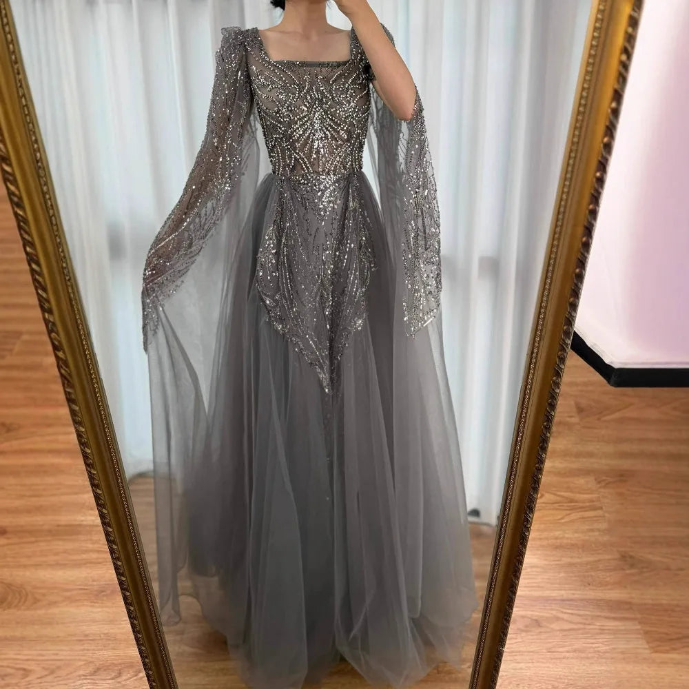 Luxury Gray A Line Beaded Evening Dress for Women LA73088