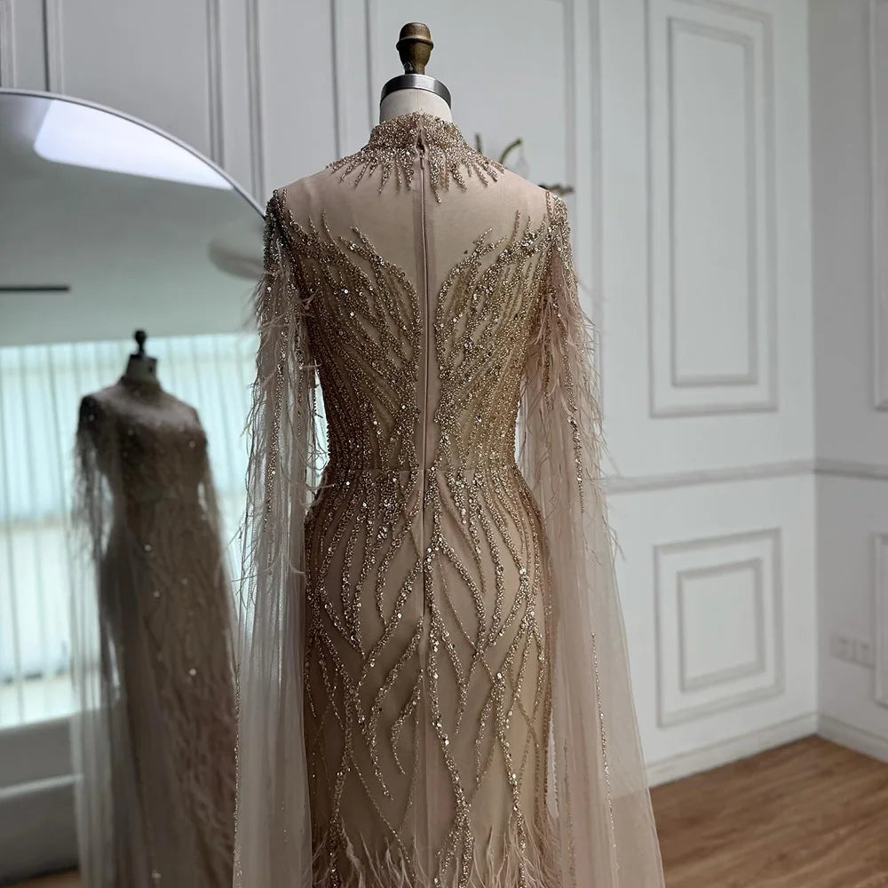 Luxury Nude Feather Beaded High Neck Formal Evening Dress for Women LA71885C