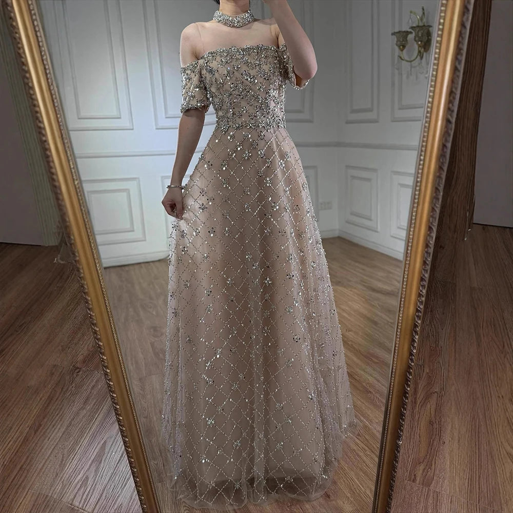 Luxury Nude Sliver Off Shoulder Beaded Crystal A-Line Evening Dress LA73122