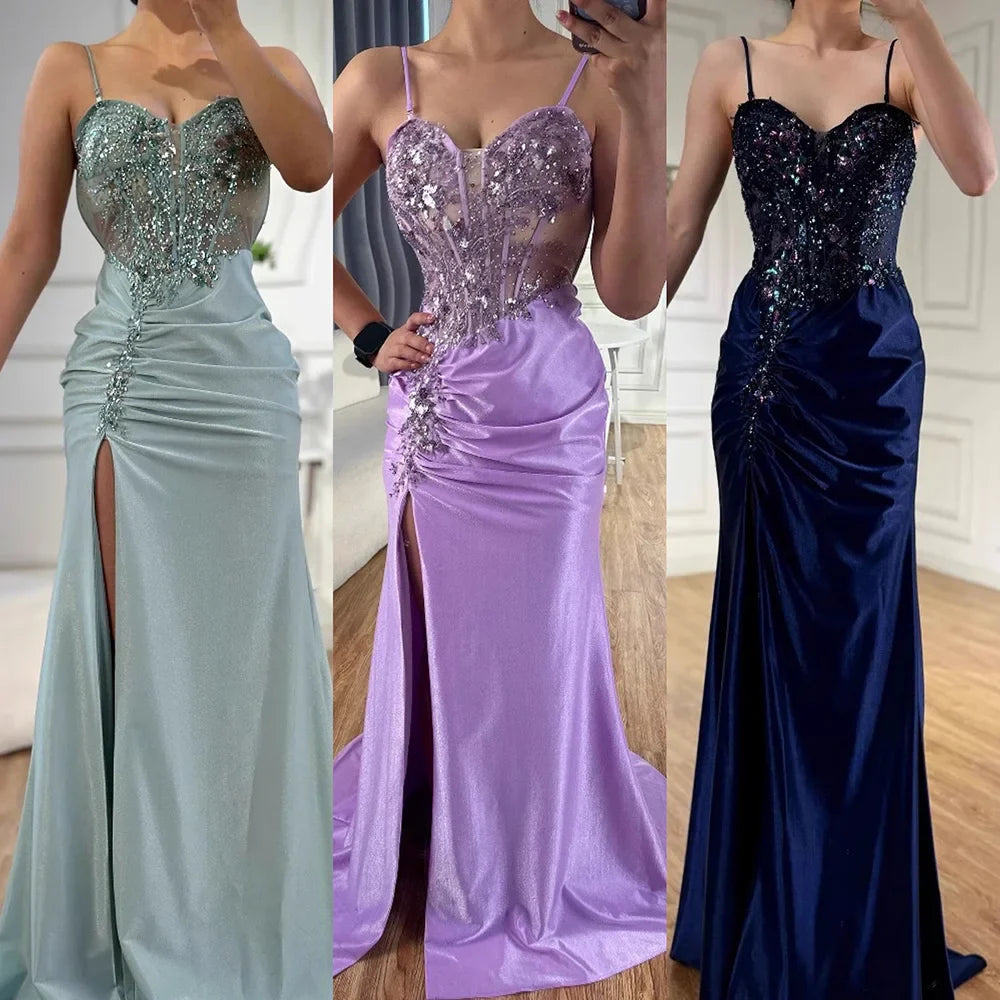 Luxury Navy Satin Prom Dress with Lace Beaded and Slit LA73003