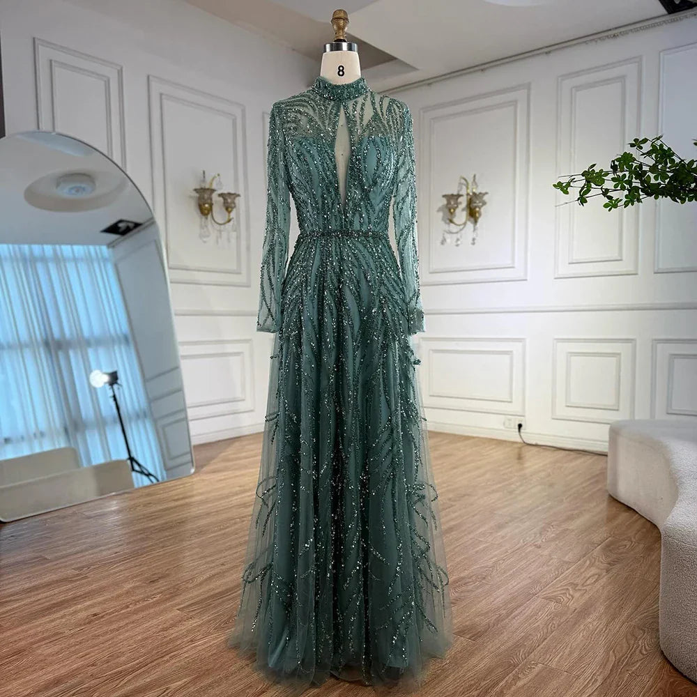 Elegant Turquoise High Neck A-Line Evening Dress Beaded LA71682A