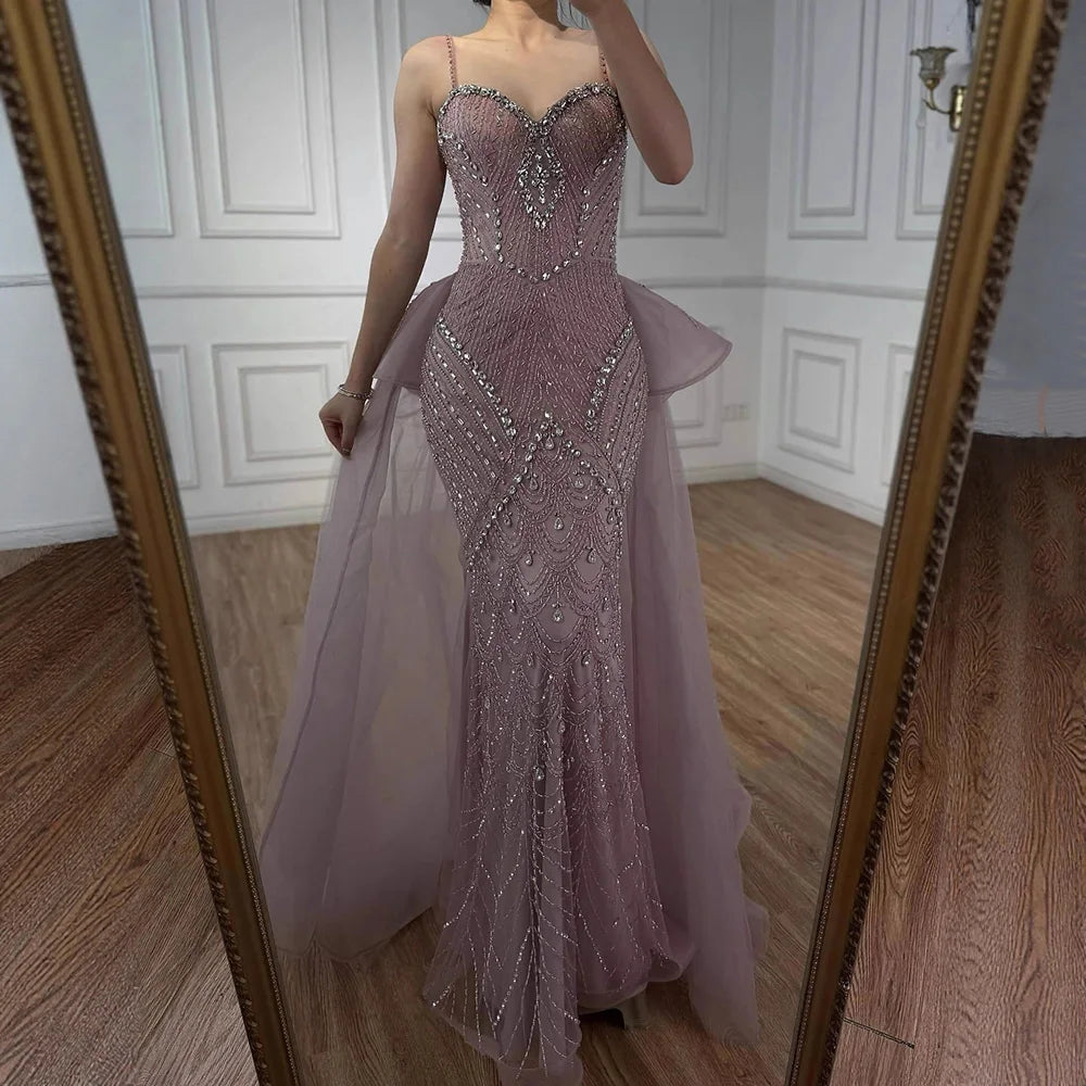 Luxury Pink Crystal Beaded Mermaid Evening Dress with Overskirt LA73143