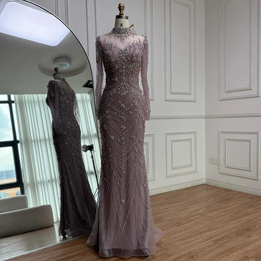 Luxury Pink Beaded Mermaid Evening Dress Long Sleeve LA73158