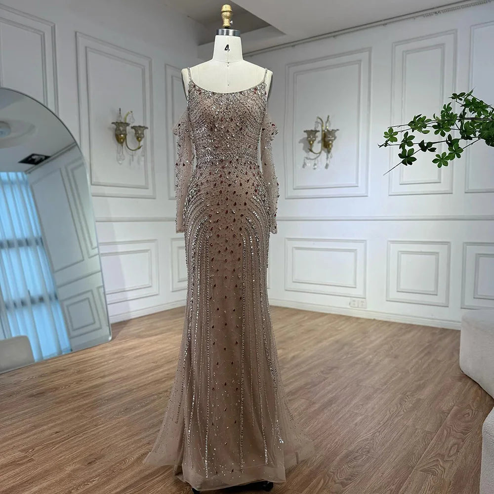 Luxury Nude Navy Blue Beaded Evening Dress with Long Sleeves LA73120