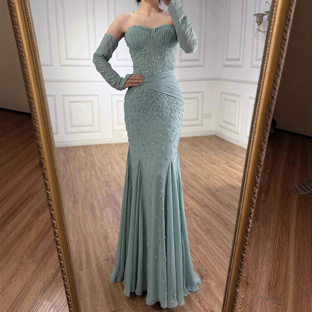 Luxury Turquoise Strapless Beaded Mermaid Evening Dress with Gloves LA72933