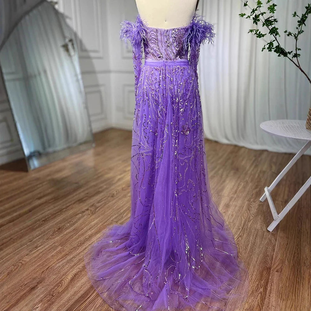 Luxury Arabic Nude Mermaid High Split Feather Beaded Evening Dress LA71910