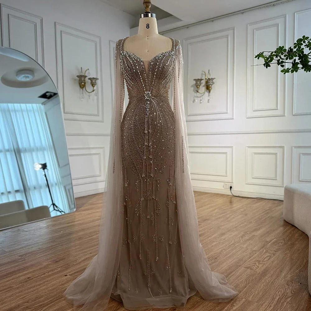 Elegant Beige Beaded Evening Dress with Cape Sleeves LA72992