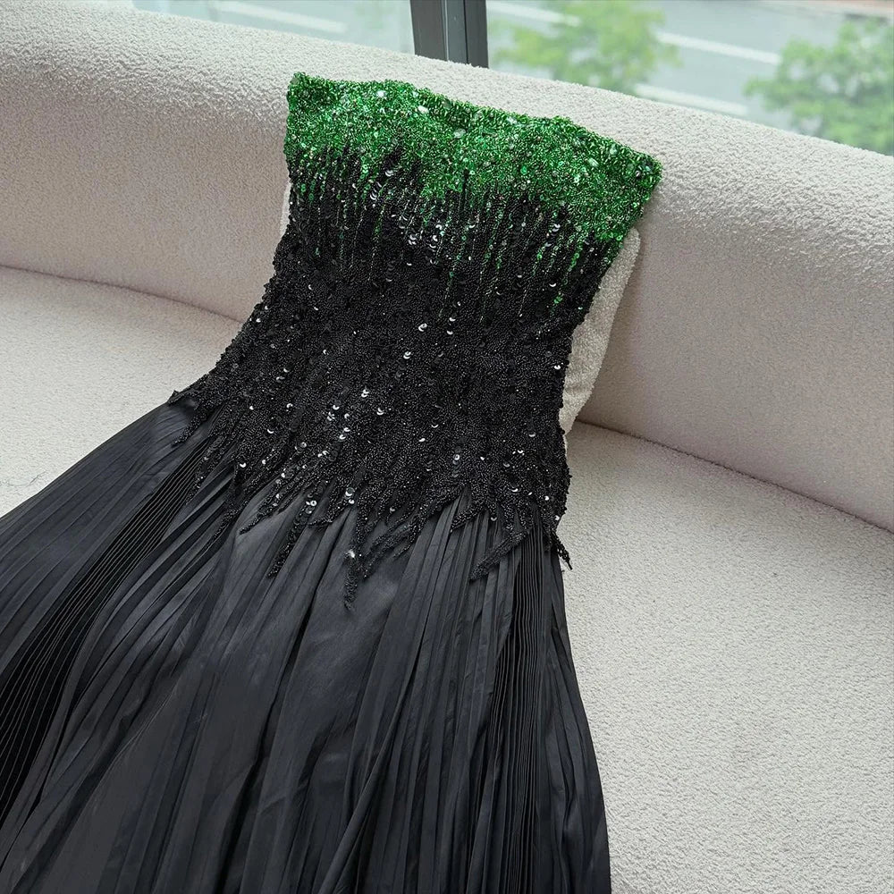 Luxury Beaded Black Green Strapless Dubai Evening Dress for Party LA72406