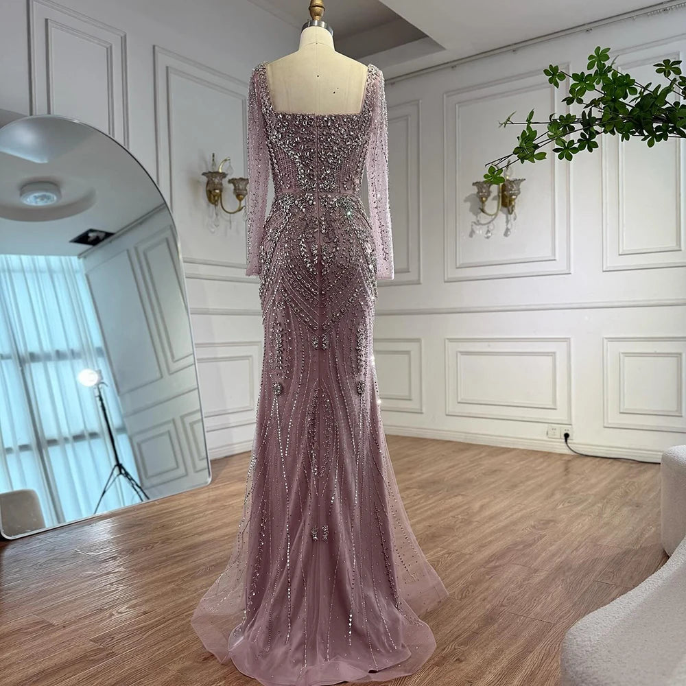 Luxury Nude Beaded Mermaid Evening Dress with Overskirt LA73190