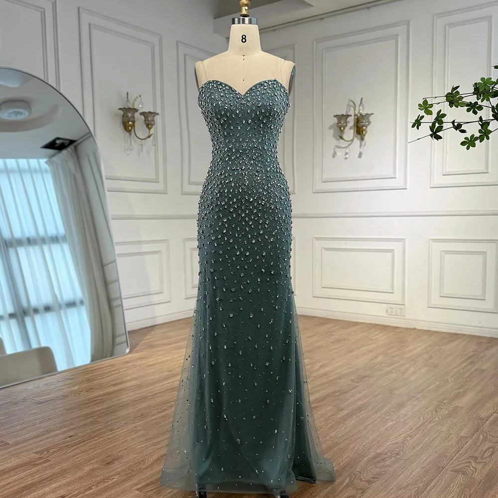 Luxury Turquoise Beaded Mermaid Evening Dress with Detachable Top LA73095
