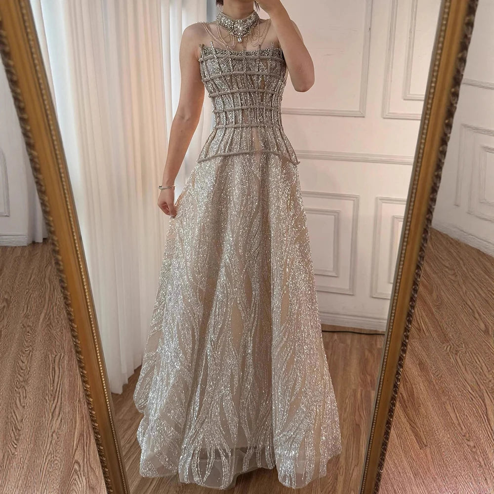 Luxury Nude Beaded A-Line Evening Dress for Women Formal Occasion LA73163