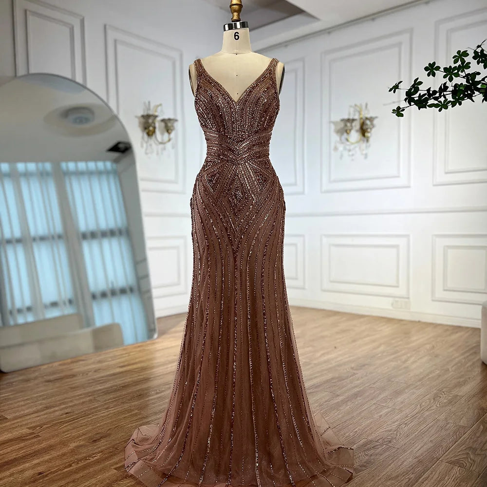 Brown V Neck Beaded Mermaid Evening Dress for Wedding Party LA73013