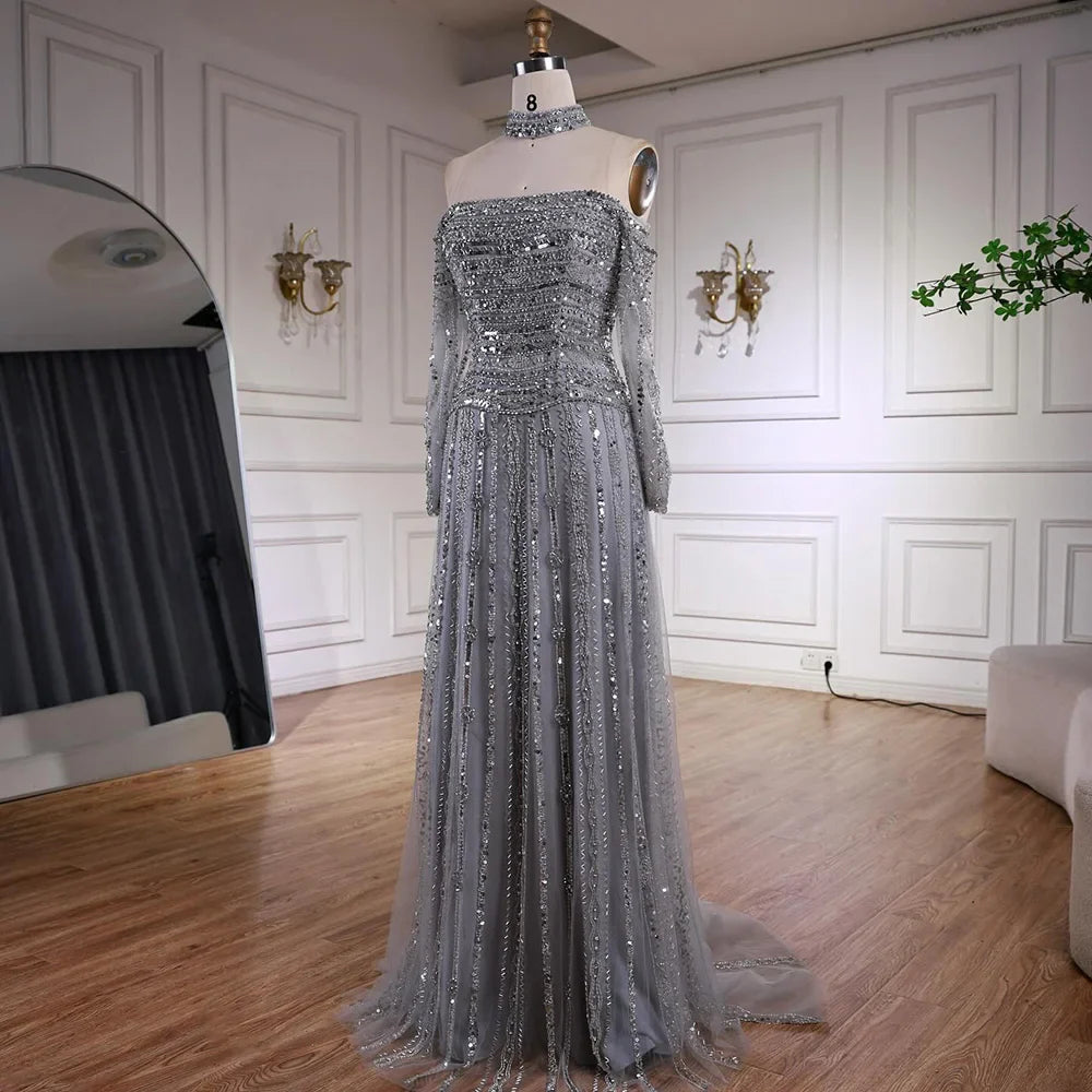 Caramel Off Shoulder Beaded Mermaid Evening Dress Long Sleeves LA73053