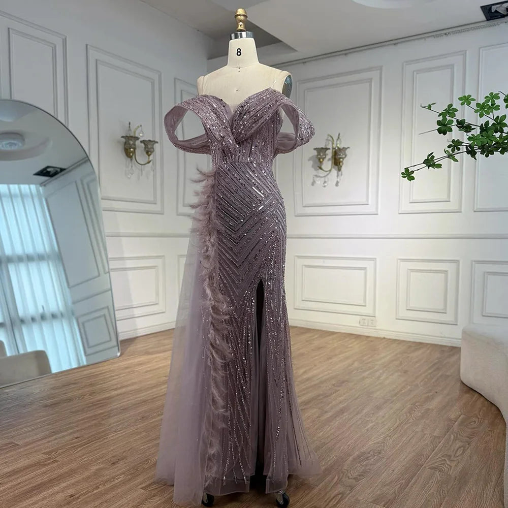 Luxury Pink Off Shoulder Beaded Feather Mermaid Evening Dress LA73111
