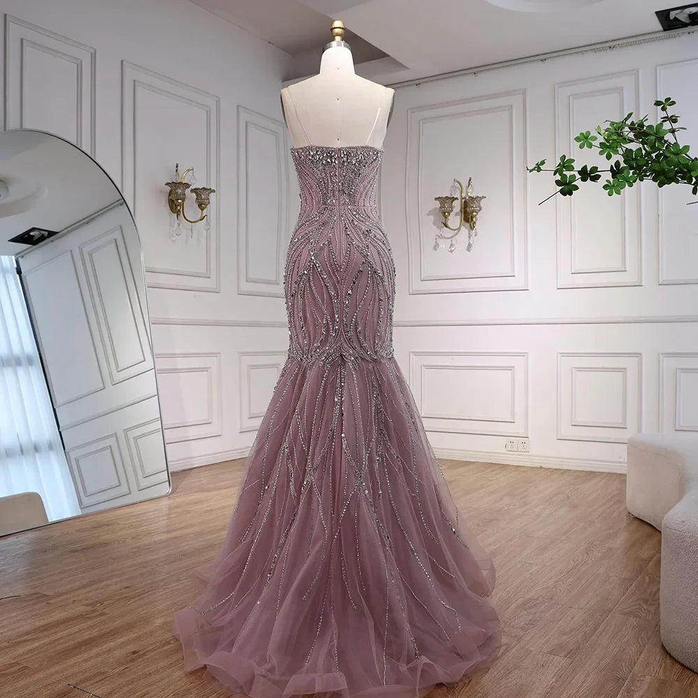 Luxury Pink Beaded Strapless Mermaid Evening Dress LA73124