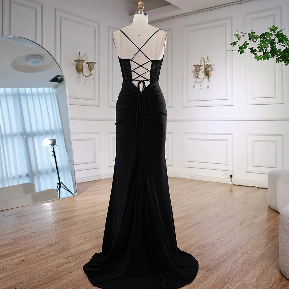 Luxury Black Beaded Mermaid Prom Dress with Spaghetti Straps LA73039