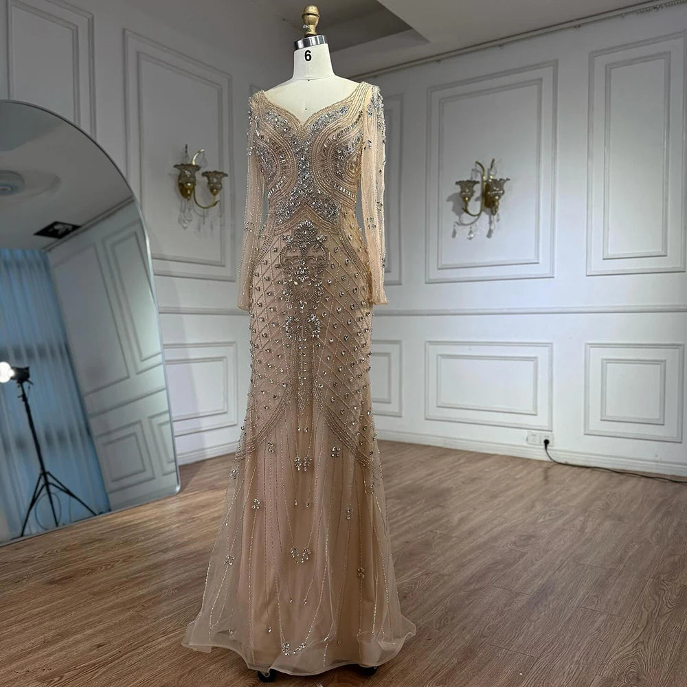 Luxury Nude Long Sleeve Beaded Mermaid Evening Dress LA73155