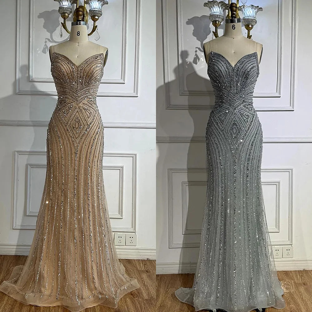 Luxury Nude V Neck Beaded Mermaid Evening Dress Sleeveless LA72981