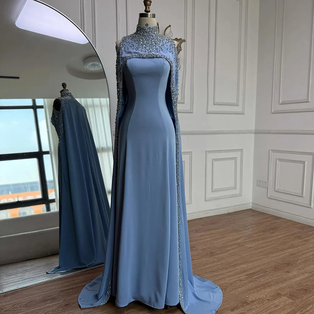 Elegant Blue High Neck Evening Dress with Crystals and Long Cape LA73068