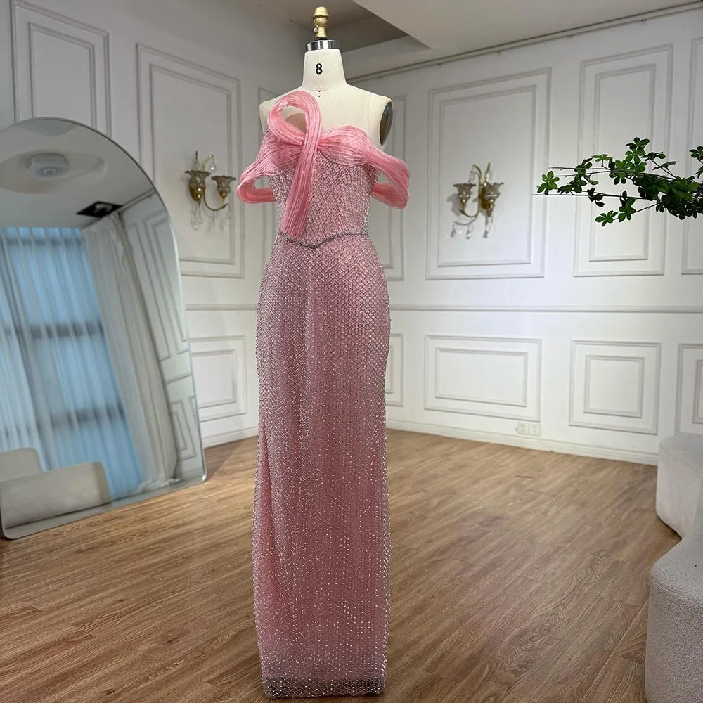 Luxury Pink Off Shoulder Mermaid Evening Dress with Bow LA73058