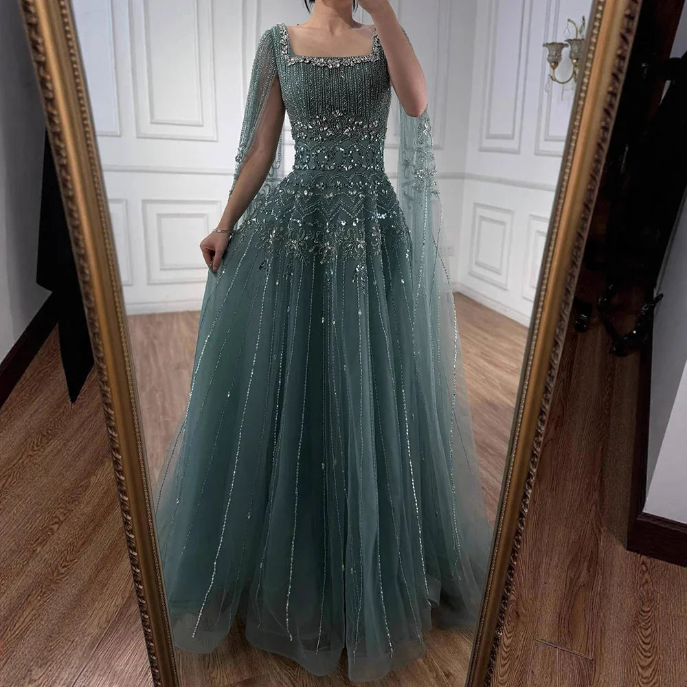 Luxury Caramel A-Line Beaded Evening Dress with Cape Sleeves LA73089A