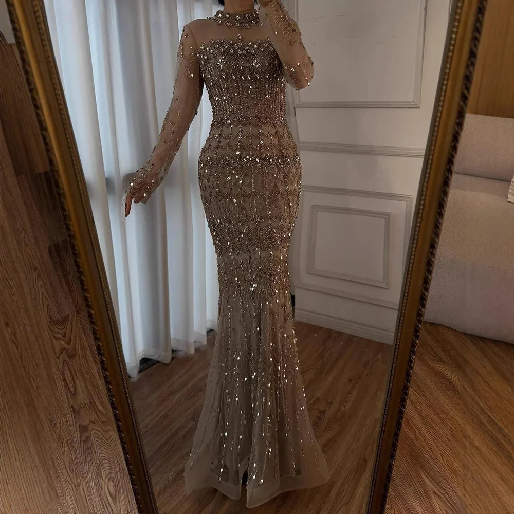 Luxury Arabic Turquoise Beaded Mermaid Evening Dress Long Sleeve LA72714C