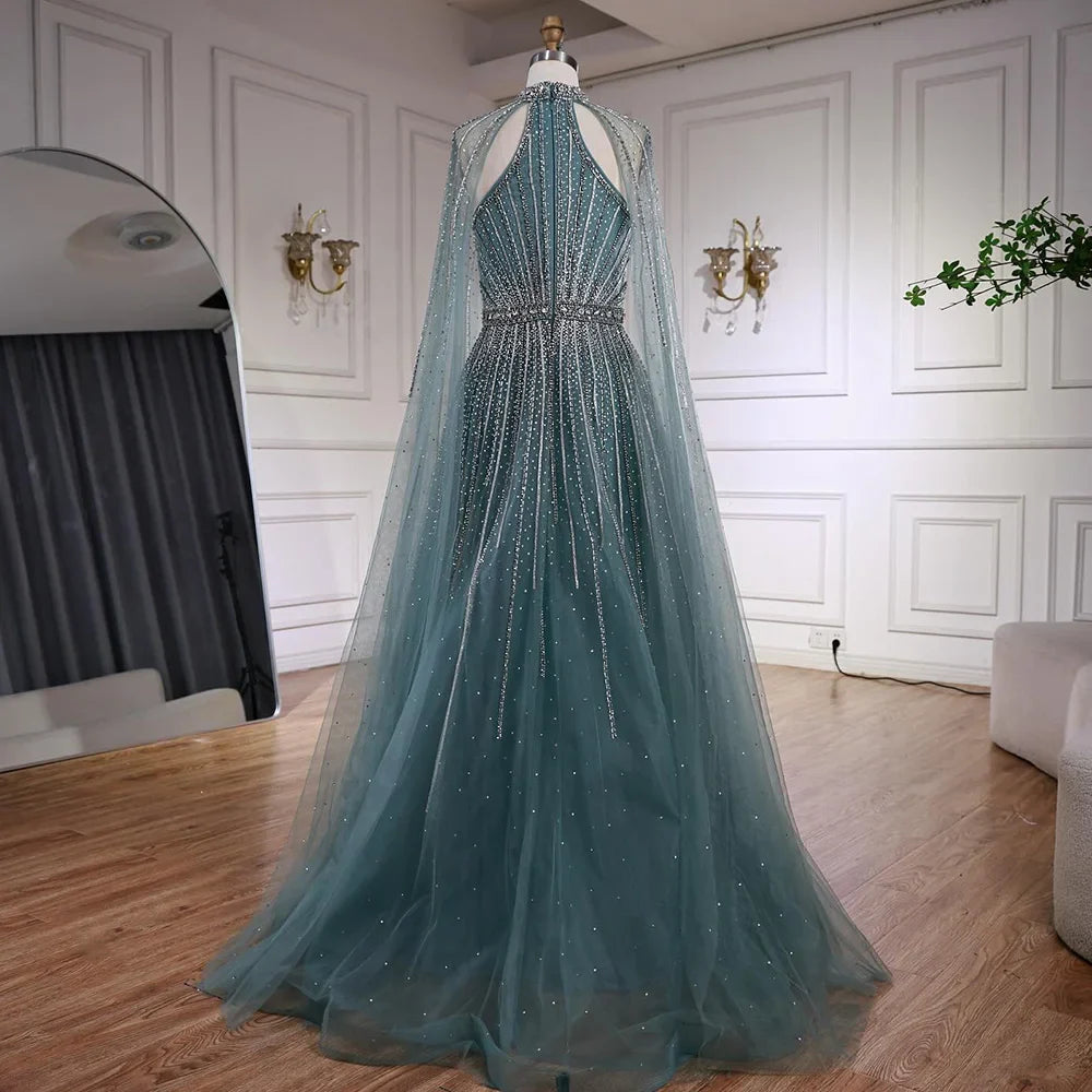 Luxury Turquoise Beaded A-Line Evening Dress with Cape Sleeves LA73054