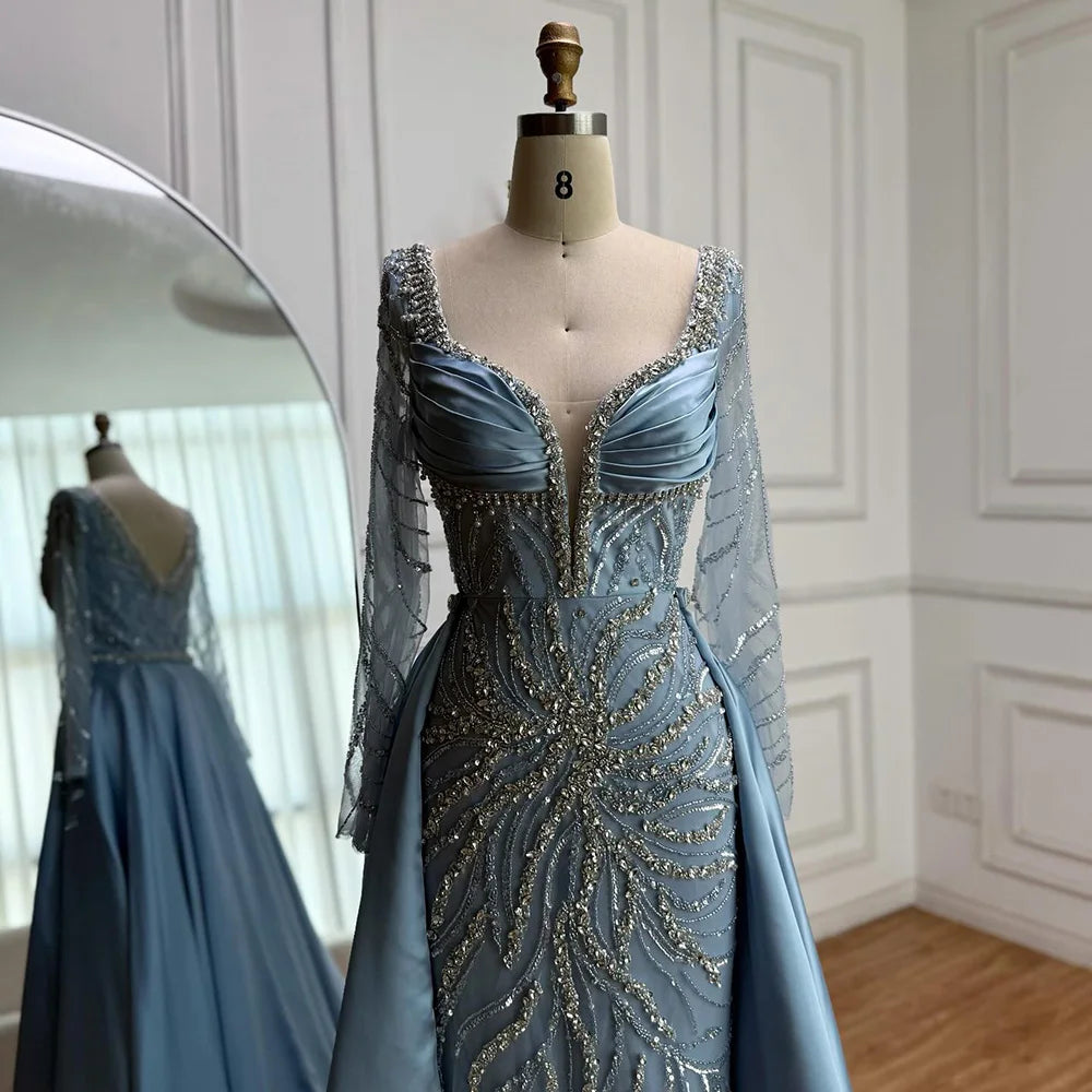 Luxury Muslin Blue hijab Evening Dress With Long Sleeves LA72963