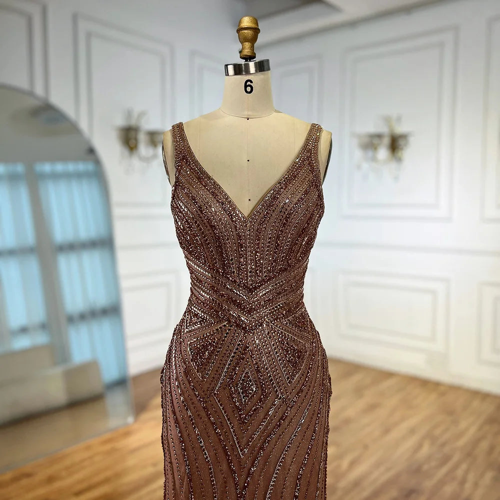 Brown V Neck Beaded Mermaid Evening Dress for Wedding Party LA73013