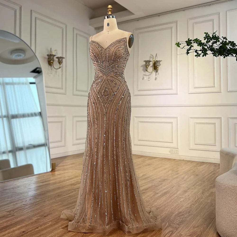 Luxury Nude V Neck Beaded Mermaid Evening Dress Sleeveless LA72981