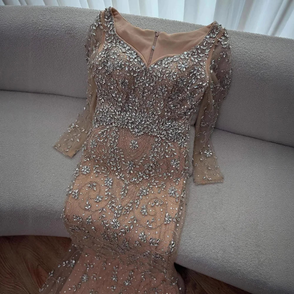 Luxury Nude Beaded Crystal Mermaid Evening Dress with Long Sleeves LA73042
