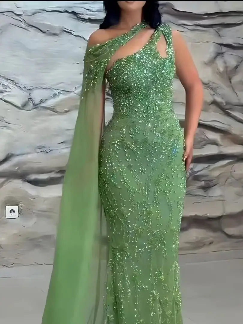 Luxury Green One Shoulder Crystal Beaded Mermaid Evening Dress With Cape LA73485